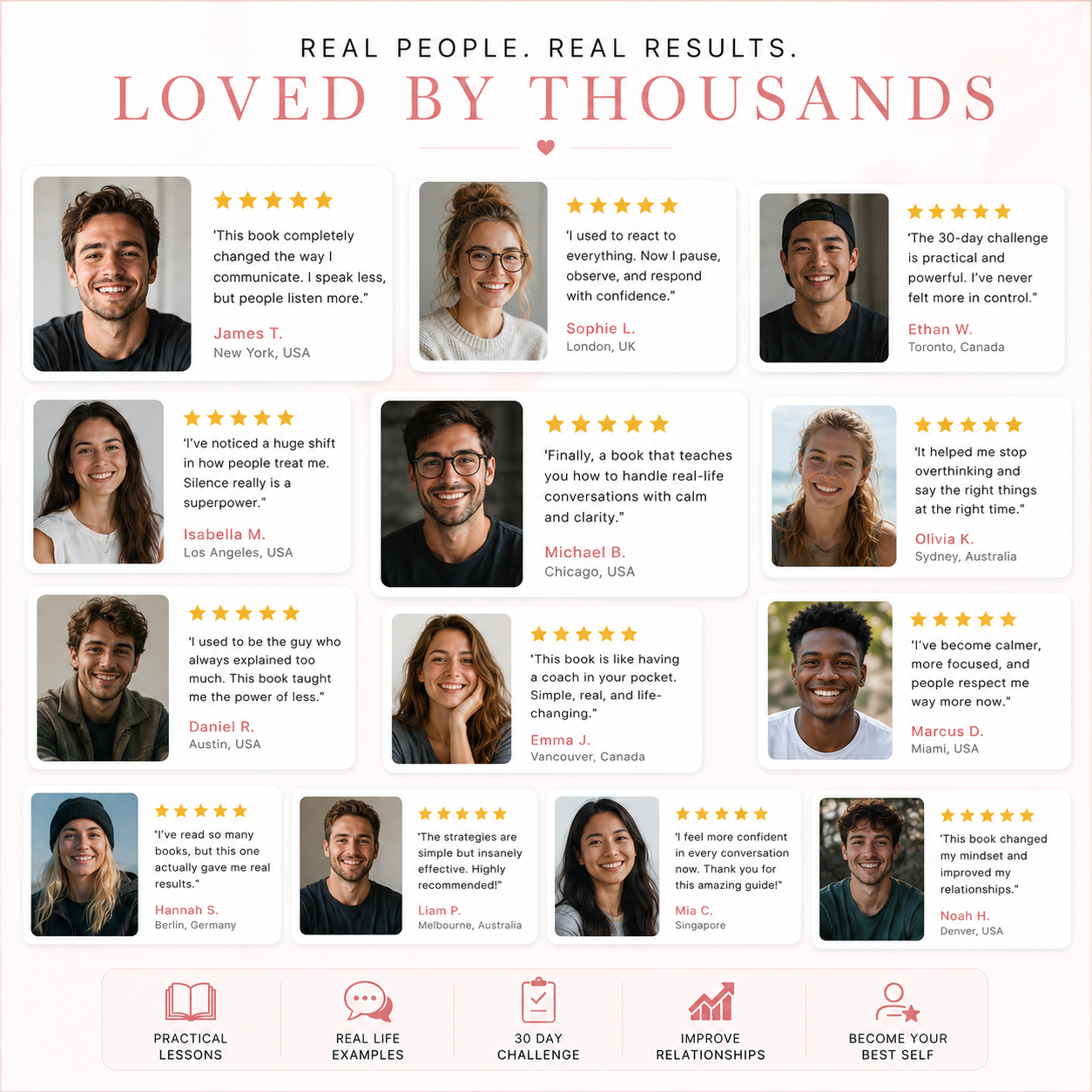 Stay Silent book reviews from verified readers showing improved confidence, better communication skills, emotional intelligence, stronger relationships and real life conversation success