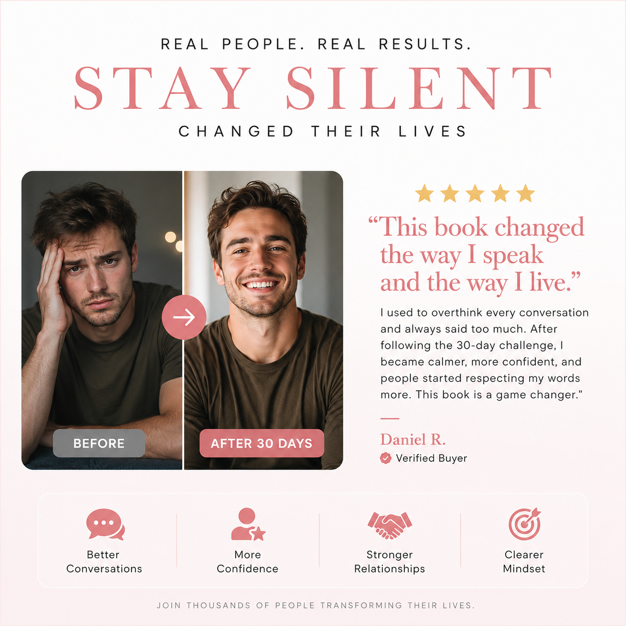 Stay Silent before and after transformation showing improved confidence, better communication skills, reduced overthinking and stronger social relationships after the 30 day challenge