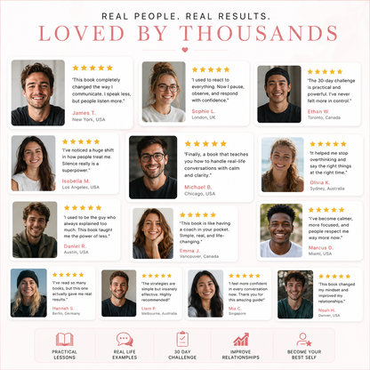 Stay Silent book reviews from verified readers showing improved confidence, better communication skills, emotional intelligence, stronger relationships and real life conversation success